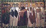 Торжественный выход императора Юстиниана. Мозаика в церкви Сан-Витале.